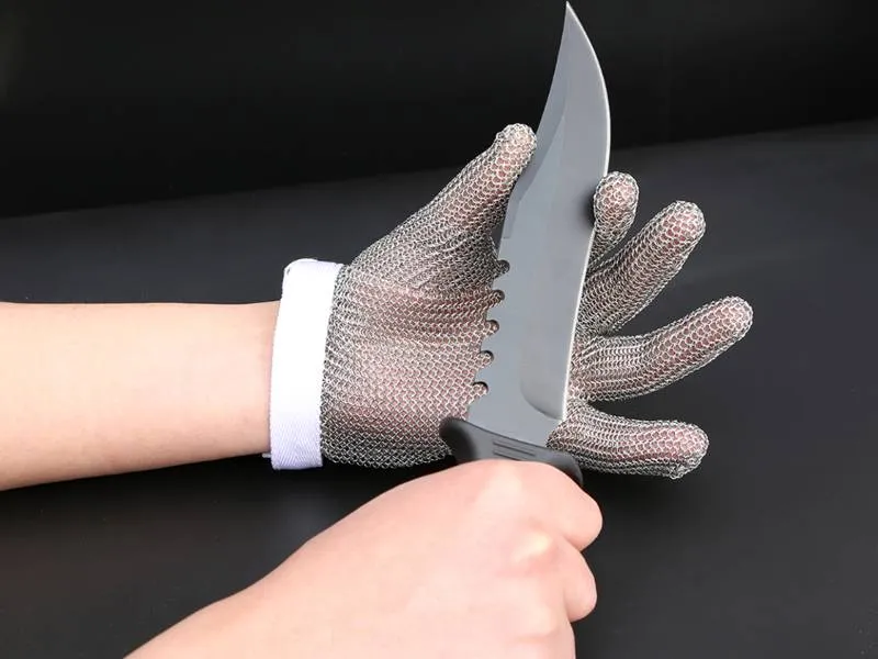 Five-fingers stainless steel mesh gloves with a white flexible wrist strap have a great anti-cutting performance for the whole palm.